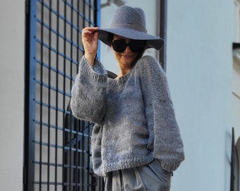 Grey loose fit sweater, oversize woman sweater, handknit summer top, stripped summer blouse