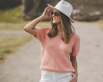 Summer peach color woman top, short sleeve hand knit blouse, elegant, chunky knit sweater top, soft knit top