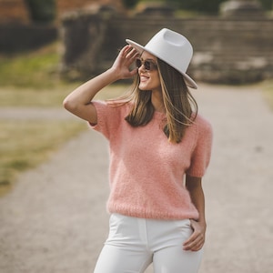 Summer peach color woman top, short sleeve hand knit blouse, elegant, chunky knit sweater top, soft knit top image 1