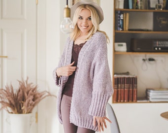 Soft chunky knit women sweater coat, lilac alpaca sweater coat, open front casual coat, oversize short cardigan
