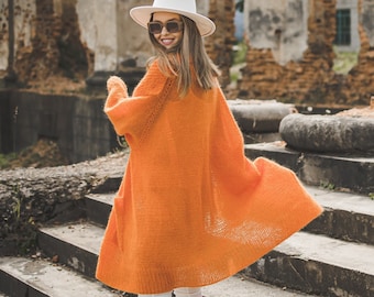 Long orange sweater coat, bright knit long  cardigan for women, long belted sweater, chunky knit summer cardigan, loose soft cardigan