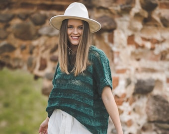 Short sleeves green blouse, summer woman top, vintage festival top, trendy loose fit stripy blouse, chunky knit oversize summer top