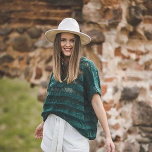 Short sleeves green blouse, summer woman top, vintage festival top, trendy loose fit stripy blouse, chunky knit oversize summer top