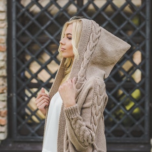 Chunky hand knit woman cardigan, cowl long sweater coat, long hooded women cardigan,  belted sweater coat