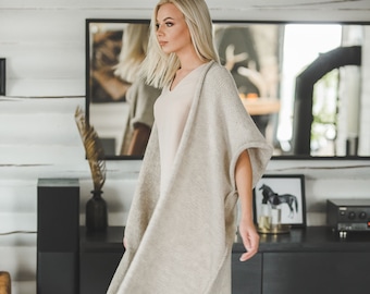 Cocoon long women cardigan, oversize long sleeveless coat, chunky woman vest, long wool sweater