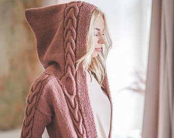 Long womam cardigan, summer cable knit long hooded sweater coat, long belted sweater coat, chunky knit aran cardigan, hooded sweater coat