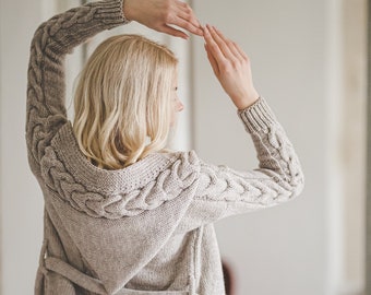 Chunky knit long  sweater coat for women, cable knit hooded cardigan,  long aran sweater coat