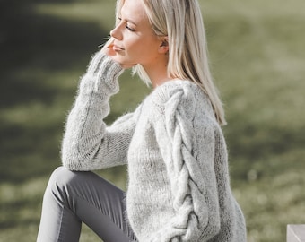 Alpaca wool cable sweater for women, grey wool sweater, chunky elegant women sweater with cables on it's sleeves