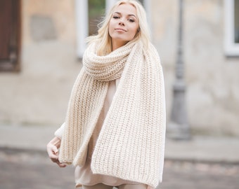 Oversized long winter scarf, wool ivory chunky knit woman shawl, big long wool scarf, soft hand knit winter scarf