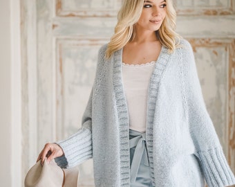 Soft alpaca sweater coat in sky blue, open front casual jacket, oversized alpaca wool short cardigan, chunky knit women sweater coat