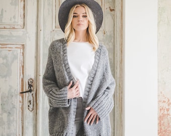 Oversize alpaca hand knit  sweater coat for women, solid grey color short cardigan, open front casual coat, vintage jacket