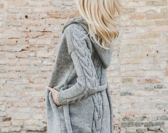 Grey cable knit long women sweater coat, chunky soft wool women cardigan, long belted aran sweater coat