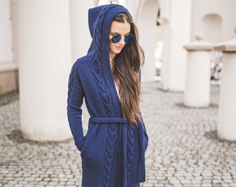 Long hooded cardigan, cable knit long sweater coat, belted jacket for women, long blue hooded bomber, open front cardigan