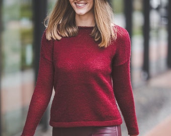 Bordeaux elegant woman sweater, short thin winter pullover, minimalistic solid color sweater, crop winter top