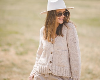 Button down beige sweater for woman, short cozy cardigan, alpaca hand knit  sweater coat, solid color short cardigan, open front cardigan