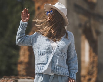 Sky blue button down short jacket for woman, hand knit cardigan, alpaca sweater coat, open front cardigan