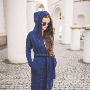 Long hooded cardigan, cable knit long sweater coat, belted jacket for women, long blue hooded bomber, open front cardigan