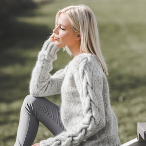 Alpaca wool cable sweater for women, grey wool sweater, chunky elegant women sweater with cables on it&#39;s sleeves