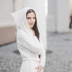 Off white long  belted sweater coat for women, cable knit hooded cardigan, chunky knit wool women coat, bridal sweater coat