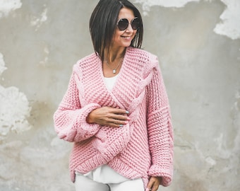 Veste pull femme rose tricotée en câble, pull aran ouvert avant ample taille volumineux, bomber en tricot épais, cardigan aran court