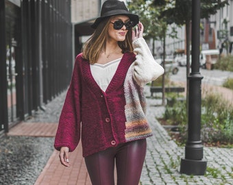 Loose fit buttoned cardigan, oversize alpaca hand knit  sweater coat for women, solid bordeaux color short cardigan, open front casual coat