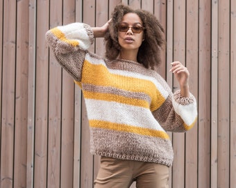 Beige stripped sweater for women, color block fluffy top, hand knit mohair sweater, oversized pullover, big bulky sweater