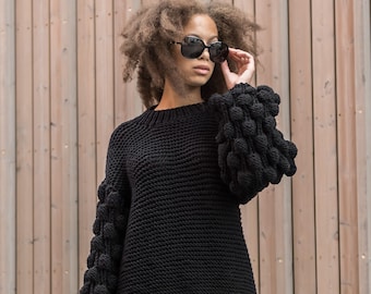 Big bulky oversized sweater for women, puff sleeves sweater, chunky knit women pullover, black thick knit pullover