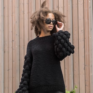 Big bulky oversized sweater for women, puff sleeves sweater, chunky knit women pullover, black thick knit pullover