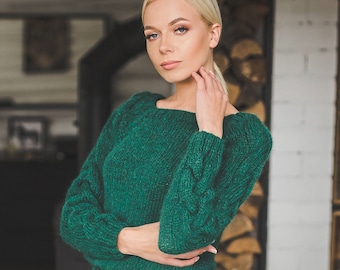 Grüner Alpaka-Pullover für Frauen, eleganter Grobstrick-Pullover, weicher Alpaka-Wollpullover