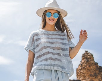 Striped sky blue spring blouse, cozy woman top, loose fit stripy blouse, chunky knit summer top, oversize soft summer blouse