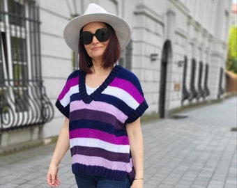 Stripped color block sweater vest, jeans blue V-neck spring woman top, brightcolor vest, oversized sweater vest