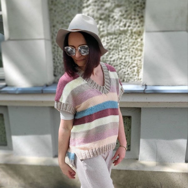 Color block pastel sweater vest, striped V-neck chunky knit sleeveless women top, soft color vest, spring woman sweater vest