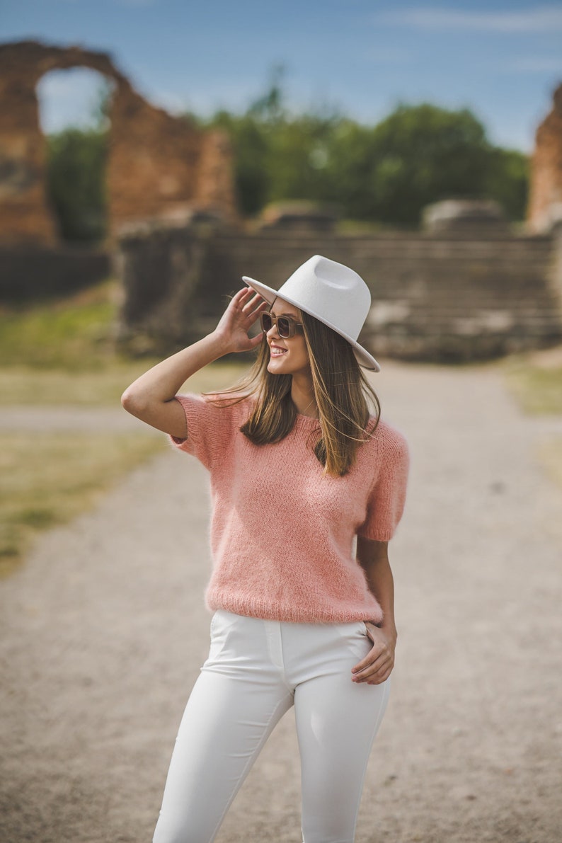 Summer peach color woman top, short sleeve hand knit blouse, elegant, chunky knit sweater top, soft knit top image 1