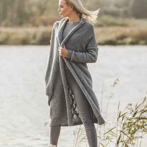 Long grey sweater coat with a cable on it's back, open front sweater coat for women, long belted cardigan, chunky knit wool cable coat, image 3