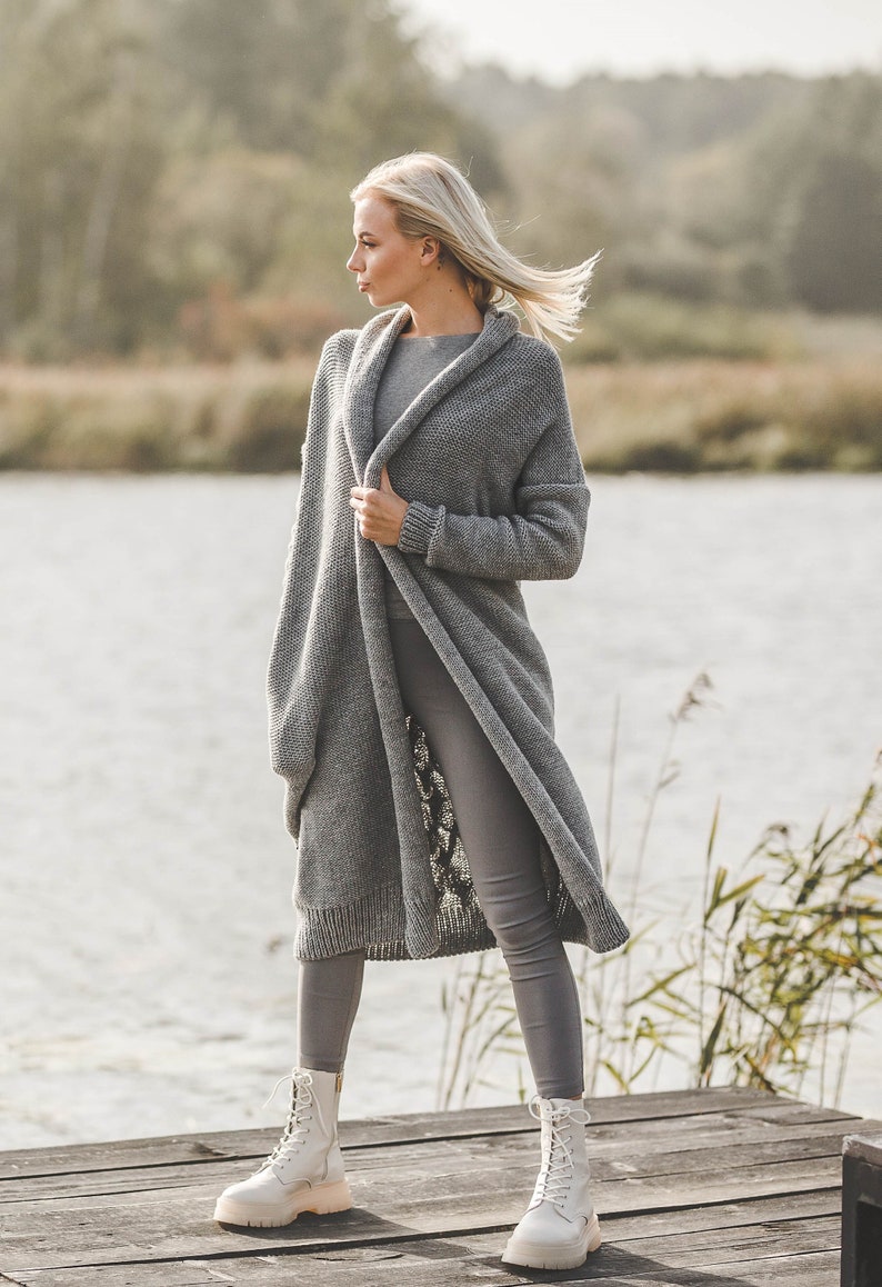 Long grey sweater coat with a cable on it's back, open front sweater coat for women, long belted cardigan, chunky knit wool cable coat, image 3