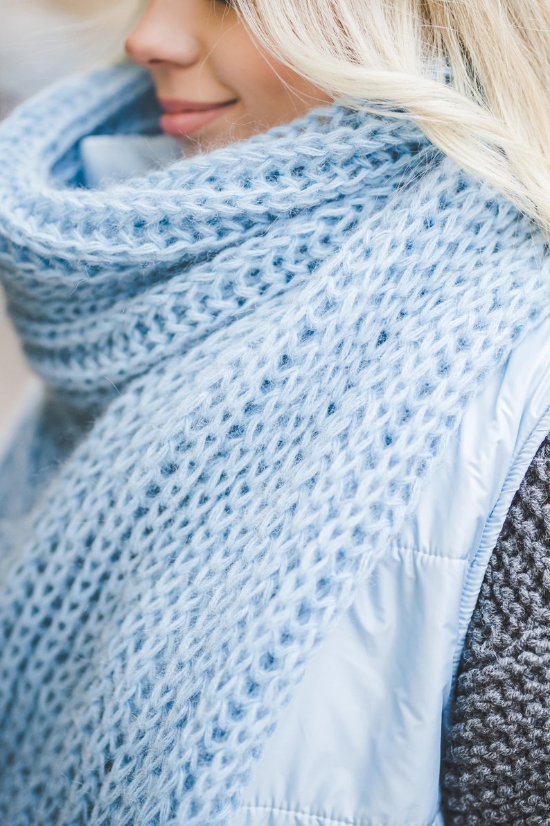 Big long soft women scarf, bright blue chunky knit shawl, big loop blanket scarf, soft long winter scarf image 3