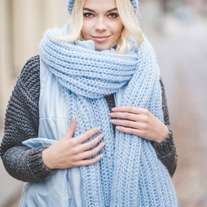 Big long soft women scarf, bright blue chunky knit shawl, big loop blanket scarf, soft long winter scarf image 6