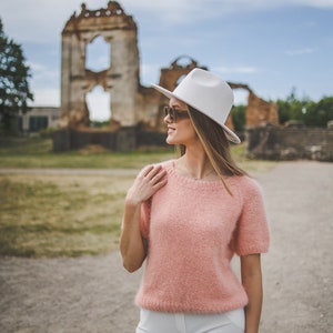 Summer peach color woman top, short sleeve hand knit blouse, elegant, chunky knit sweater top, soft knit top image 8