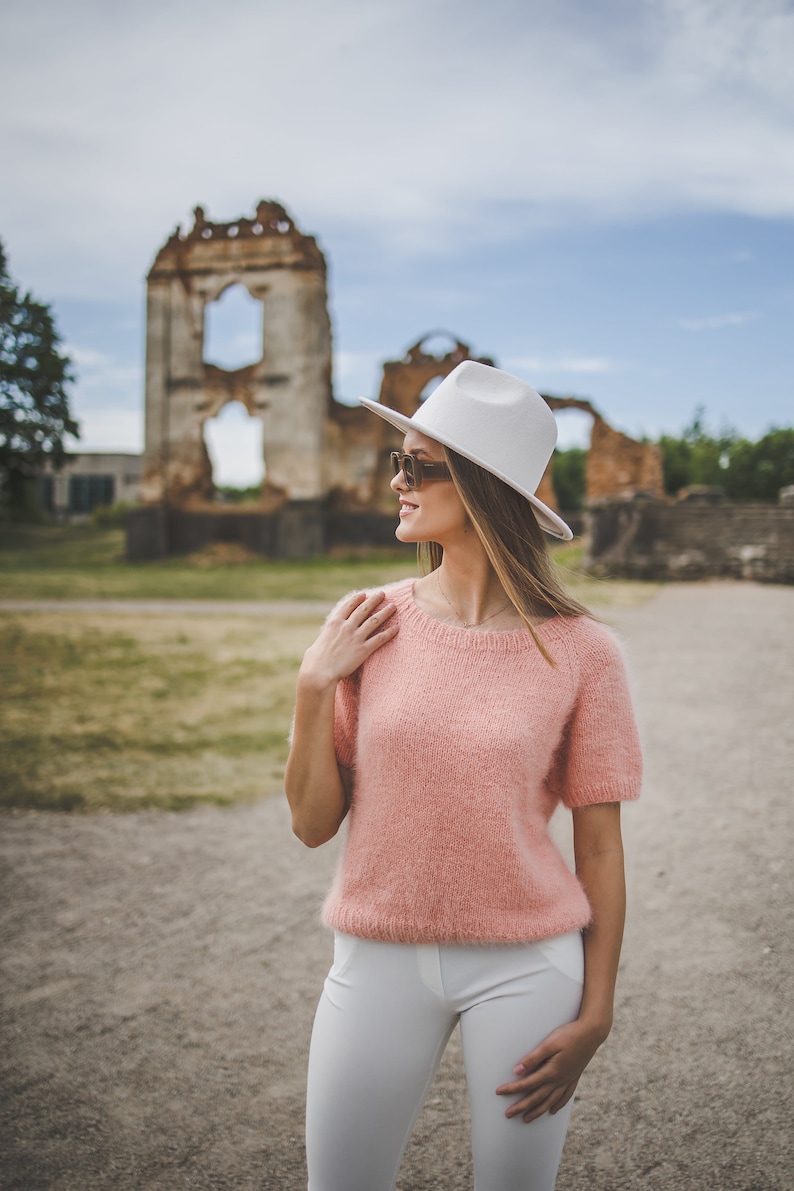 Summer peach color woman top, short sleeve hand knit blouse, elegant, chunky knit sweater top, soft knit top image 8