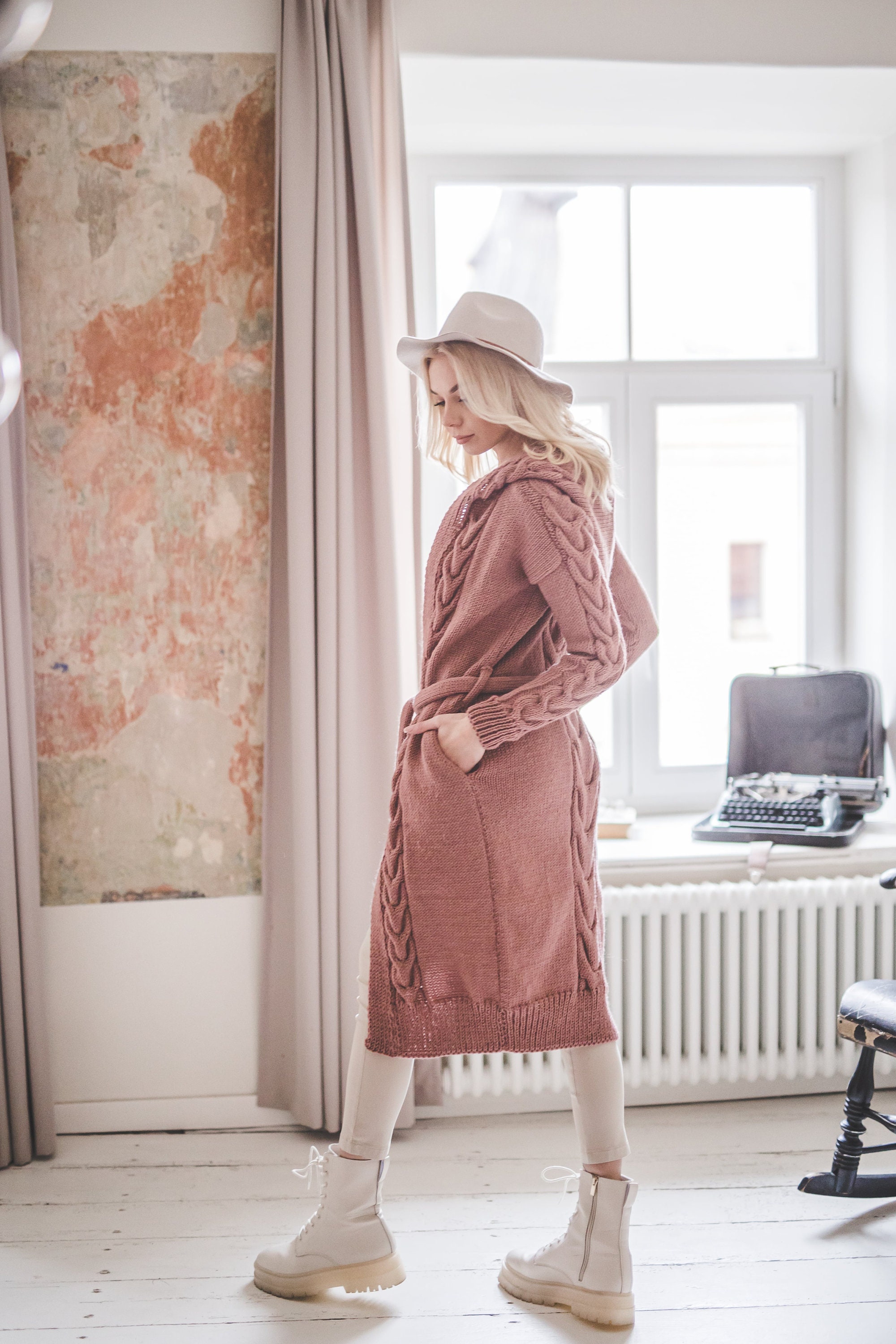 Long Womam Cardigan, Summer Cable Knit Long Hooded Sweater Long Womam Cardigan, Summer Cable Knit Long Hooded Sweater