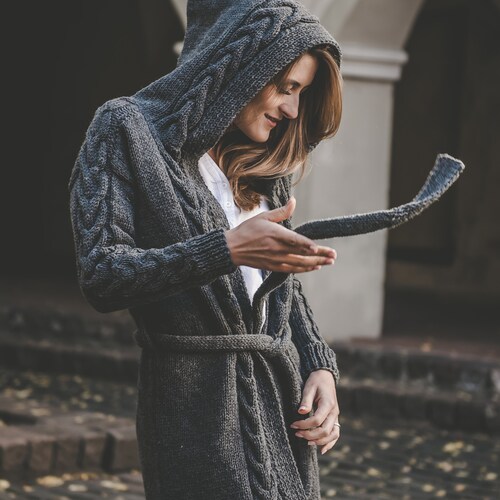 womens cable knit hooded cardigan