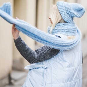 Big long soft women scarf, bright blue chunky knit shawl, big loop blanket scarf, soft long winter scarf image 7