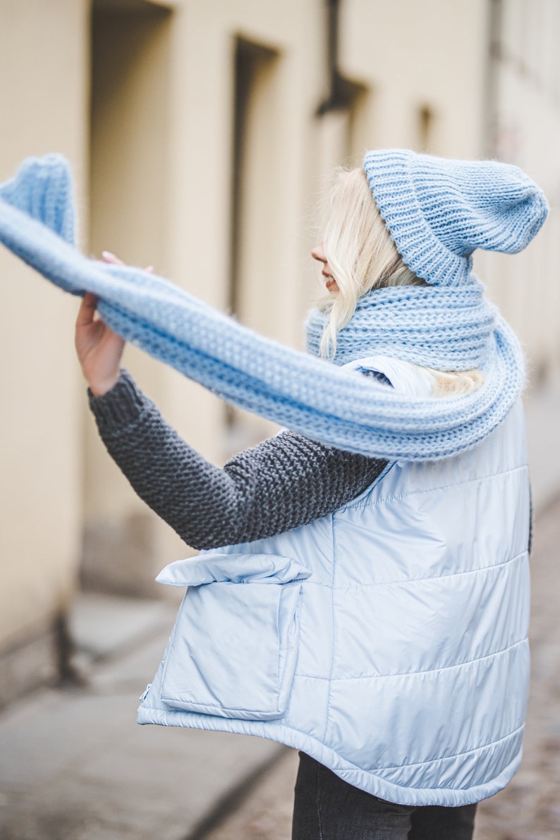 Big long soft women scarf, bright blue chunky knit shawl, big loop blanket scarf, soft long winter scarf image 7