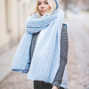 Big long soft women scarf, bright blue chunky knit shawl, big loop blanket scarf, soft long winter scarf image 2