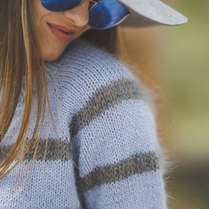 Short sleeve color block sweater for women, bright blue woman top, short sleeve hand knit blouse, elegant handknit sweater top image 6