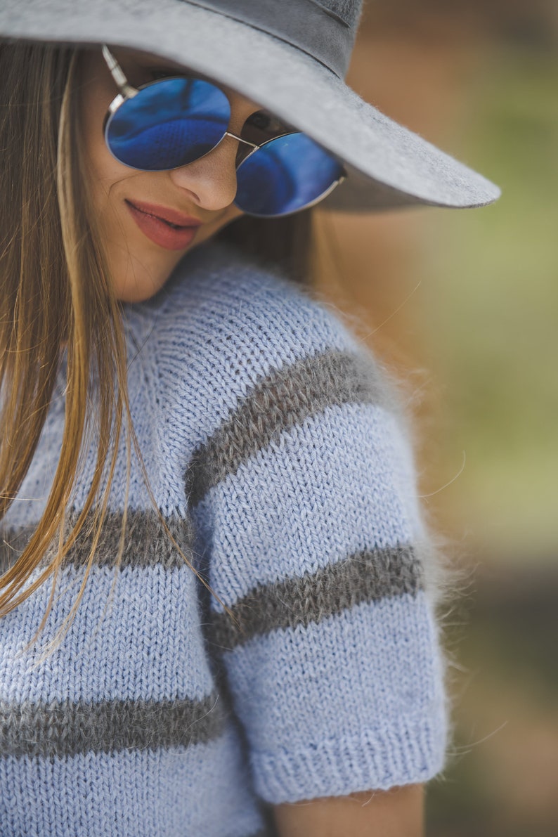 Short sleeve color block sweater for women, bright blue woman top, short sleeve hand knit blouse, elegant handknit sweater top image 6