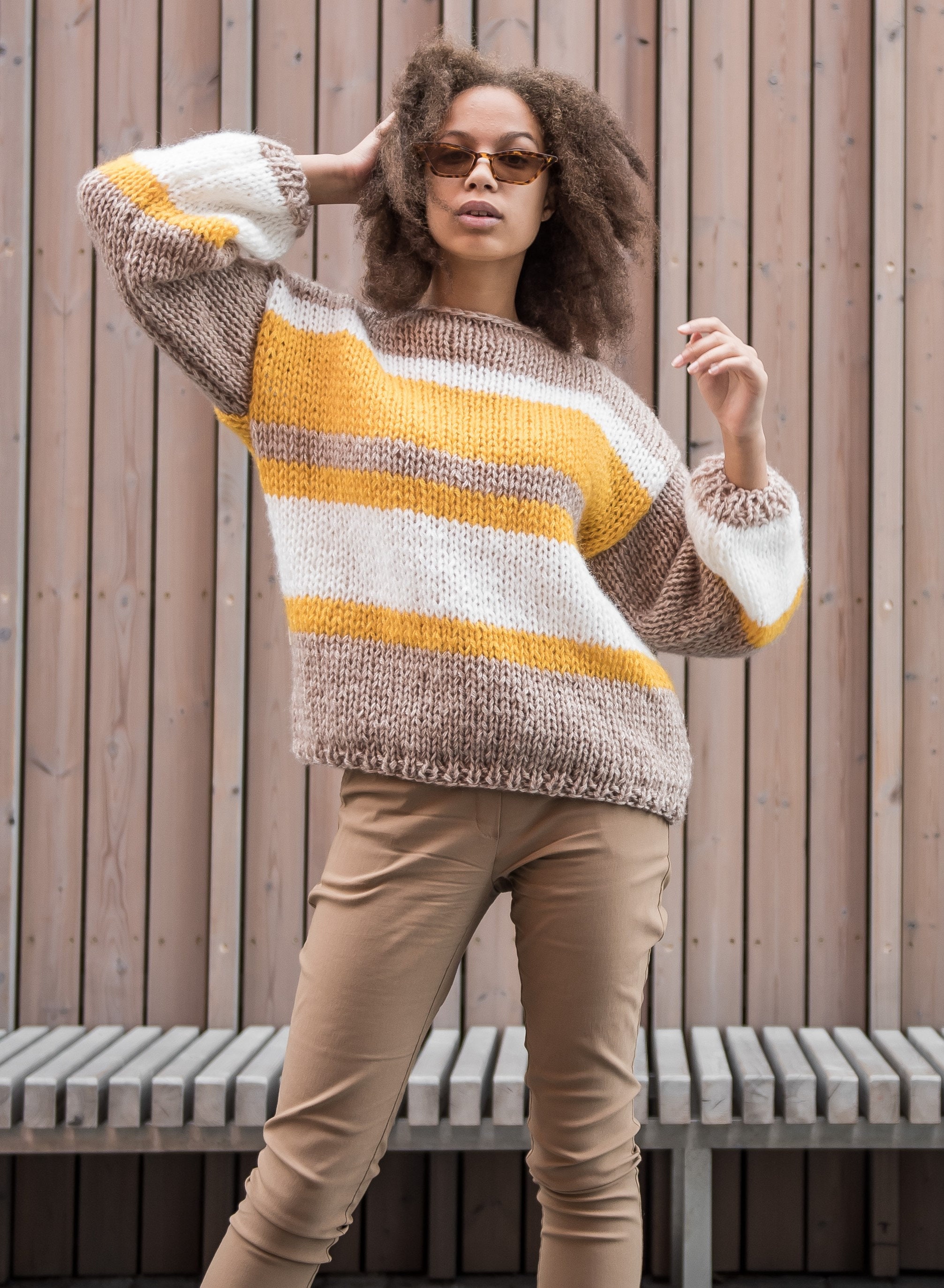Beige Stripped Sweater for Women, Color Block Fluffy Top, Hand Knit ...