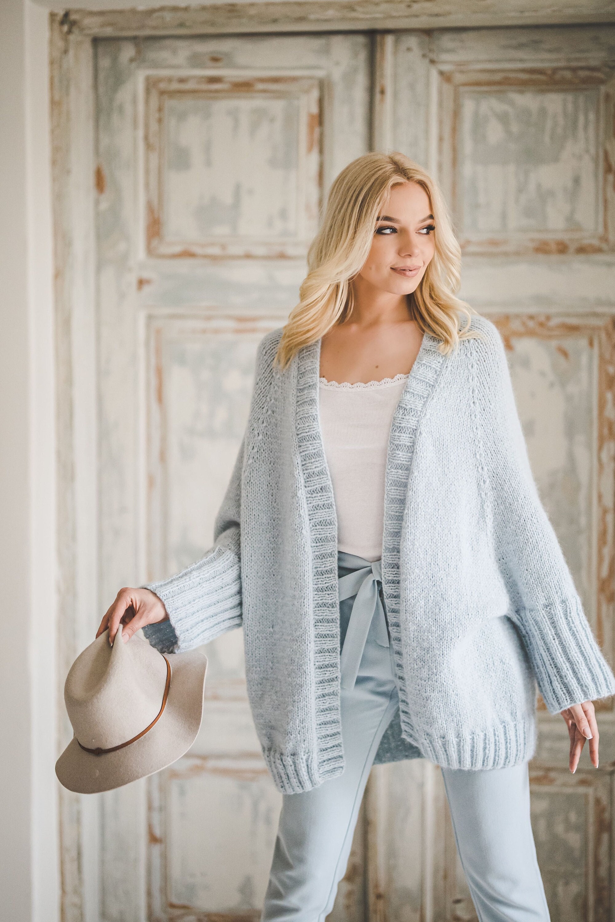 Soft Alpaca Sweater Coat in Sky Blue, Open Front Casual Jacket