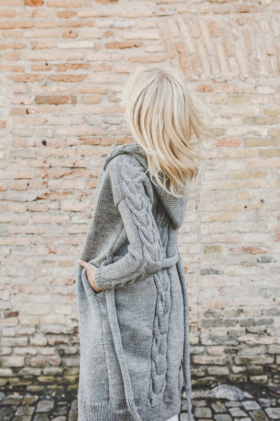 Grey Cable Knit Long Women Sweater Coat Chunky Soft Wool - Etsy