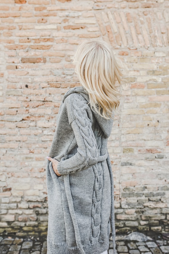 Grey Cable Knit Long Women Sweater Coat Chunky Soft Wool - Etsy